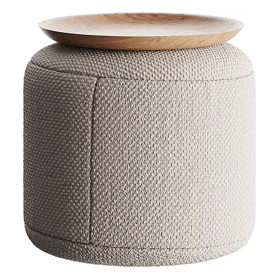 Light Beige Woven Texture Ottoman With Wooden Tray Top Design 3d model