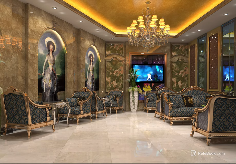 Luxurious Lounge Area With Golden Ceiling Crystal Chandelier And Blue Gold Sofas 3d model 
