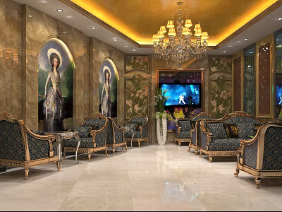 Luxurious Lounge Area With Golden Ceiling Crystal Chandelier And Blue Gold Sofas 3d model
