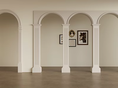 Interior With White Arched Doorways And Columns With Paintings On Wall And Brown Floor 3d model