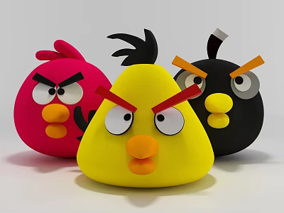 Colorful Angry Birds Dolls With Red Yellow Black Bodies Fierce Eyes And Orange Beaks 3d model