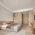 Modern Minimalist Bedroom Interior With Wooden Cabinets TV Wall And Desk Chair