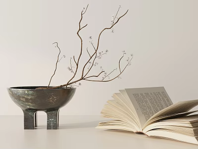 Decorative Ornament Set with Metal Bowl Branches and Open Book for Modern Interior Tabletop Decoration 3d model