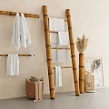 Bathroom Bamboo Ladder Shelf with Hanging Towels Wall Rod and Decorative Basket