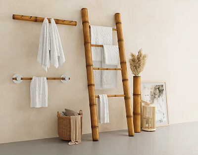 Bathroom Bamboo Ladder Shelf with Hanging Towels Wall Rod and Decorative Basket 3d model