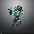Animated Mechanic Character With Blue Hair Horned Goggles Wrench And Running Pose