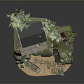 Scenic Landscape Featuring Red Cottage Green Roof Trees Rocky Cliff Small Boat And Wooden Dock