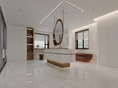 Modern Spacious Bathroom With Marble Vanity Large Mirror And Lighting 3d model