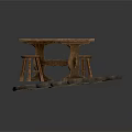 Rustic Wooden Table And Stools Set On Natural Stone Pavement For Outdoor Furniture
