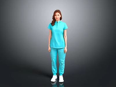 A woman in light blue top and pants standing against gray background wearing white shoes 3d model