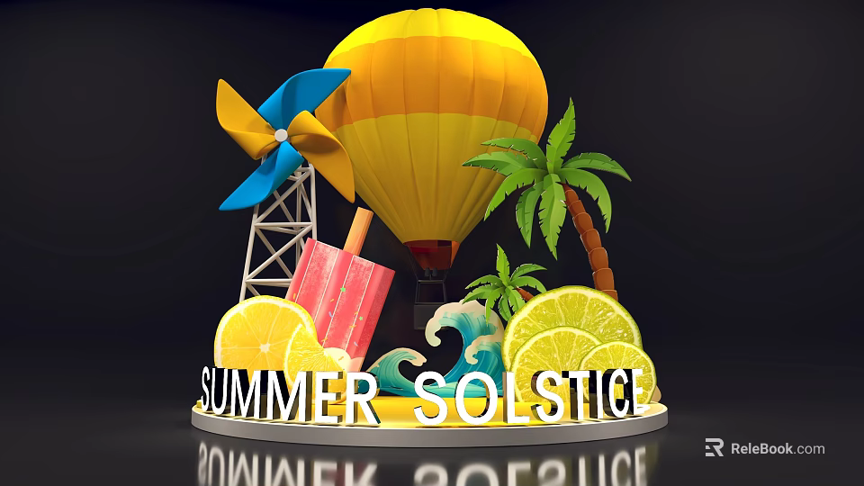 Summer Solstice Featuring Hot Air Balloon Windmill Palm Tree Ice Cream Lemon Slices Ocean Waves 3d model 