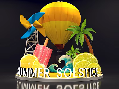 Summer Solstice Featuring Hot Air Balloon Windmill Palm Tree Ice Cream Lemon Slices Ocean Waves 3d model
