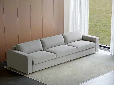 Three Seater Light Gray Sofa In Indoor With Brown Wall Gray Rug And Natural Light 3d model