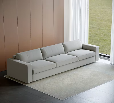 Three Seater Light Gray Sofa In Indoor With Brown Wall Gray Rug And Natural Light 3d model