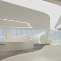 Modern Luxury Sales Office Interior With White Curved Design Greenery Round Seats And Large Screen