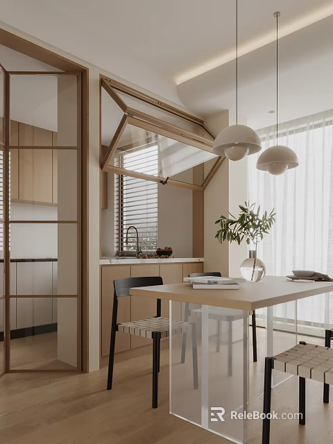Modern Open Concept Restaurant Interior With Wooden Dining Table Pendant Lights And Green Plants 3d model 
