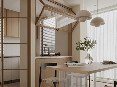 Modern Open Concept Restaurant Interior With Wooden Dining Table Pendant Lights And Green Plants 3d model
