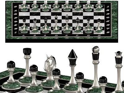 Exquisite Chess Set Design With Green Black Chessboard And Decorative Metallic Pieces 3d model