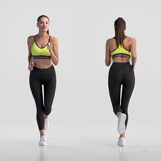 Woman in Yellow Sports Bra and Black Leggings Showing Running Posture Front and Back Views 3d model 