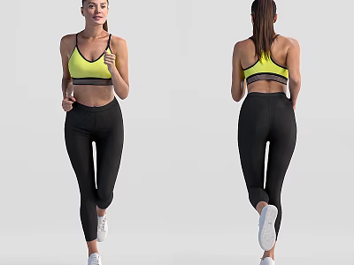 Woman in Yellow Sports Bra and Black Leggings Showing Running Posture Front and Back Views 3d model