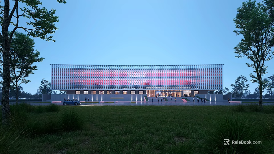 Modern Library Building With Striped Glass Facade Green Lawn Trees Front Entrance And Illuminated Exterior 3d model 