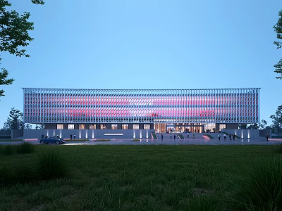Modern Library Building With Striped Glass Facade Green Lawn Trees Front Entrance And Illuminated Exterior 3d model