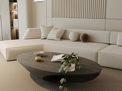Modern Beige Sectional Sofa and Coffee Table Set With Decorative Pillows and Green Plant 3d model