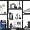 Stylish Decorative Ornament Set On Modern Shelf With Vases Books And Sculptures