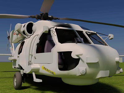 White Rescue Helicopter Parked With Rotors And Cockpit On Grass Field 3d model