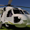 White Rescue Helicopter Parked With Rotors And Cockpit On Grass Field