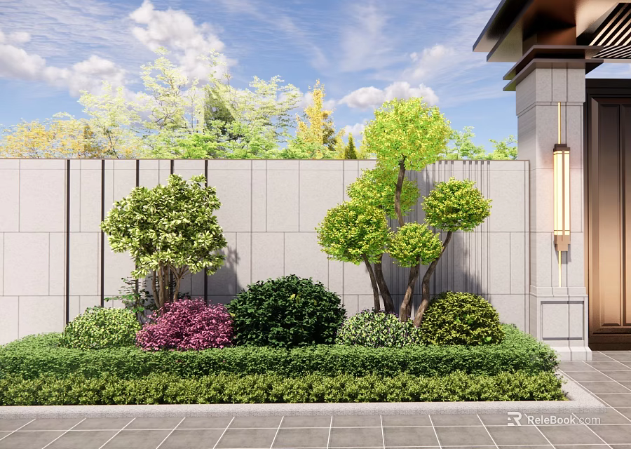 Beautiful Garden Landscaping With Well Trimmed Shrubs Against Gray Wall And Purple Green Plants 3d model 