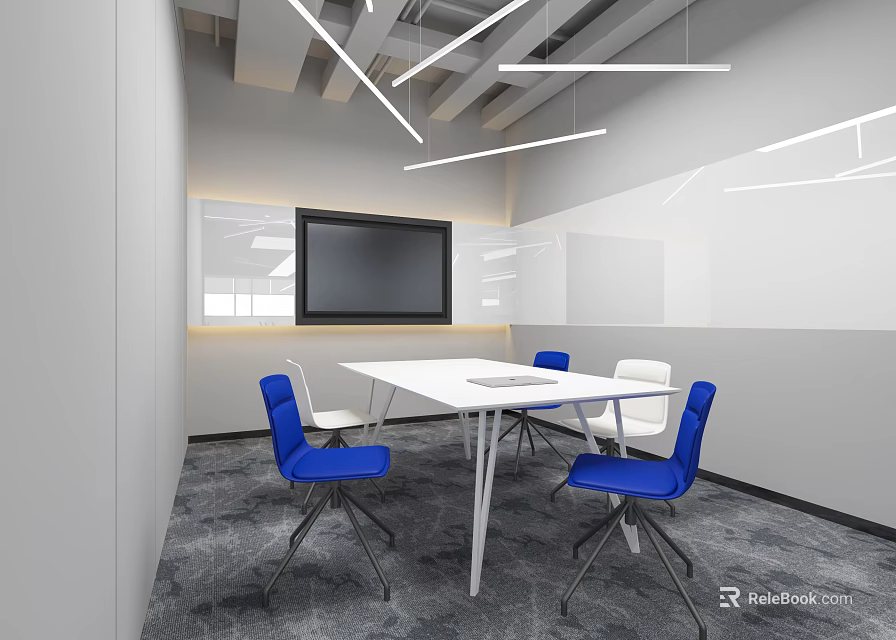 Modern Conference Room Interior With White Table Blue Chairs Large Screen And Gray Carpet 3d model 