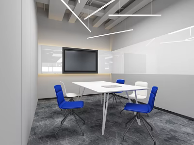 Modern Conference Room Interior With White Table Blue Chairs Large Screen And Gray Carpet 3d model