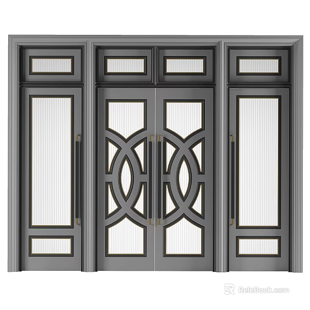 Modern Entrance Door Design With Glass Panels And Geometric Metal Frames 3d model 