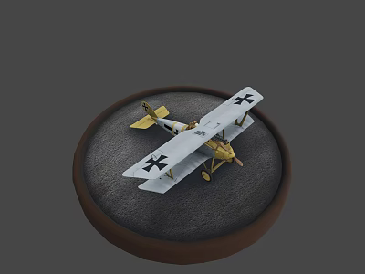 White And Yellow Model Airplane With Black Crosses On Round Gray Base 3d model