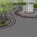 Public Park Landscape Design With Circular Paved Areas Trees And Central Sculptural Structure 3d model
