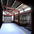 Industrial Interior With Red Trusses High Ceiling Roll Up Door Windows Blue Floor And Staircase