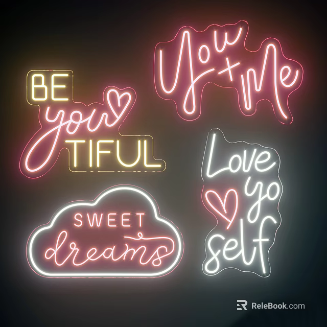 Colorful Neon Light Combination With Inspirational Lettering And Heart Cloud Shapes 3d model 