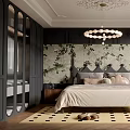 Elegant Bedroom Interior With Green Patterned Wallpaper Chandelier Large Bed And Wooden Floor Rug