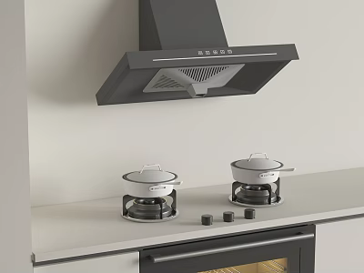 Modern Kitchen Appliances With Range Hood Cooktop And Pots On Countertop 3d model