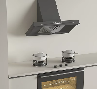 Modern Kitchen Appliances With Range Hood Cooktop And Pots On Countertop 3d model
