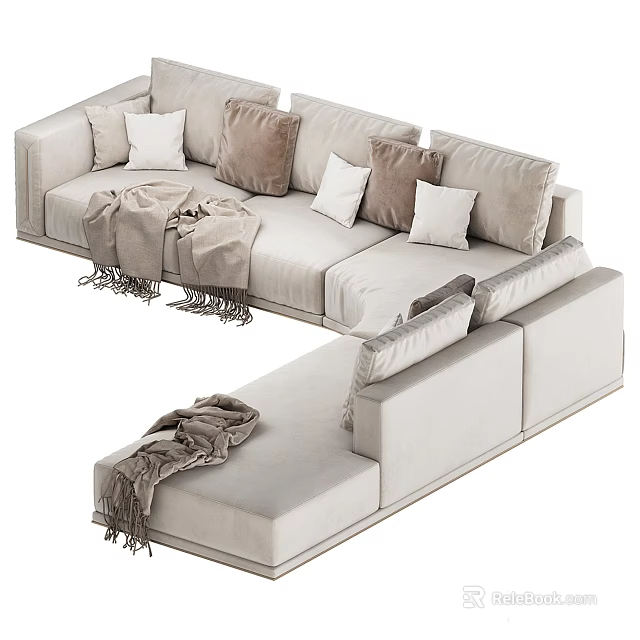 Multi person L shaped Beige Sofa With Throw Pillows And Blankets 3d model
