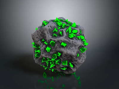 Gray Textured Wooden Stone Sphere with Green Decorative Blocks on Surface 3d model