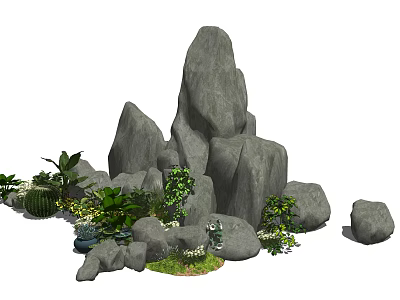 Natural Garden Ornament With Large Rocks Green Plants Small Foliage And Moss 3d model