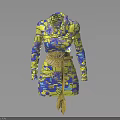 Vibrant Long Sleeve Yellow Blue Printed Coat With Waist Belt And Fringe Detail