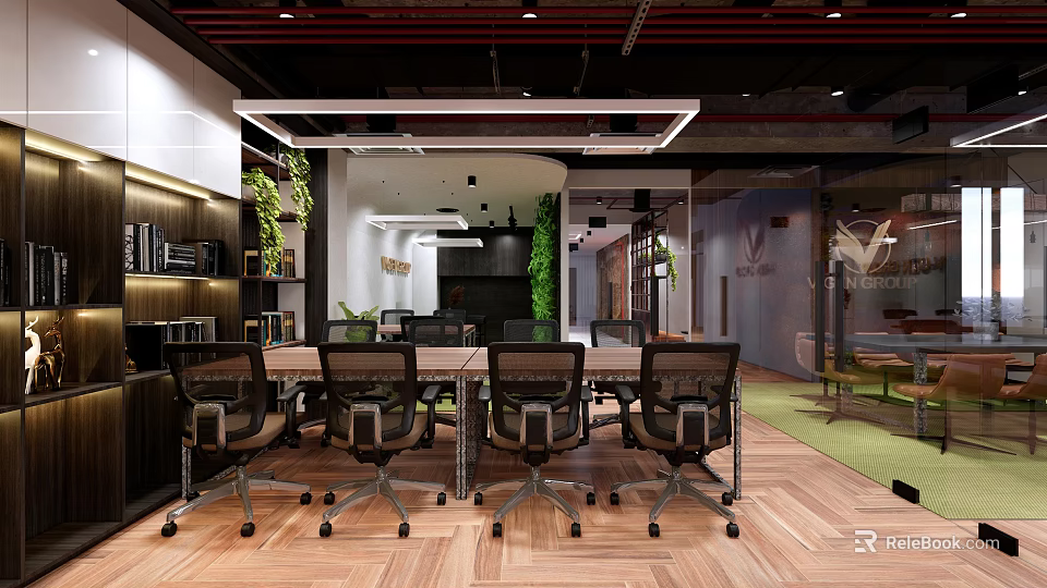 Modern Meeting Room Interior With Long Table Black Office Chairs Green Plants And Wooden Flooring 3d model 