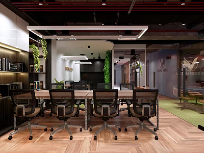 Modern Meeting Room Interior With Long Table Black Office Chairs Green Plants And Wooden Flooring 3d model