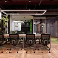 Modern Meeting Room Interior With Long Table Black Office Chairs Green Plants And Wooden Flooring