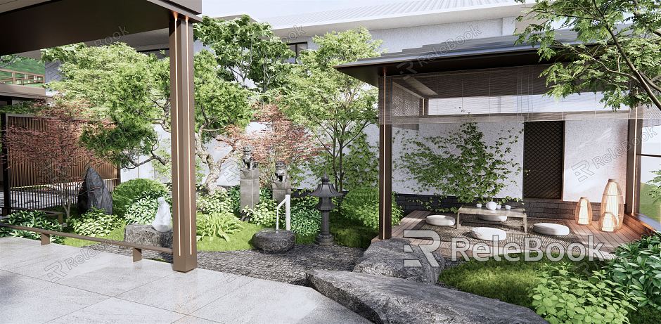 New Chinese Style Courtyard Villa Courtyard Garden Zen Dry Landscape Flowers and Plants Shrubs Green Planting Landscape Trees Pavilion Tea Table Landscape Stone Water Bowl model