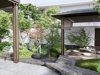 Traditional Karesansui Dry Landscape Garden With Stones Moss And Wooden Pavilion 3d model